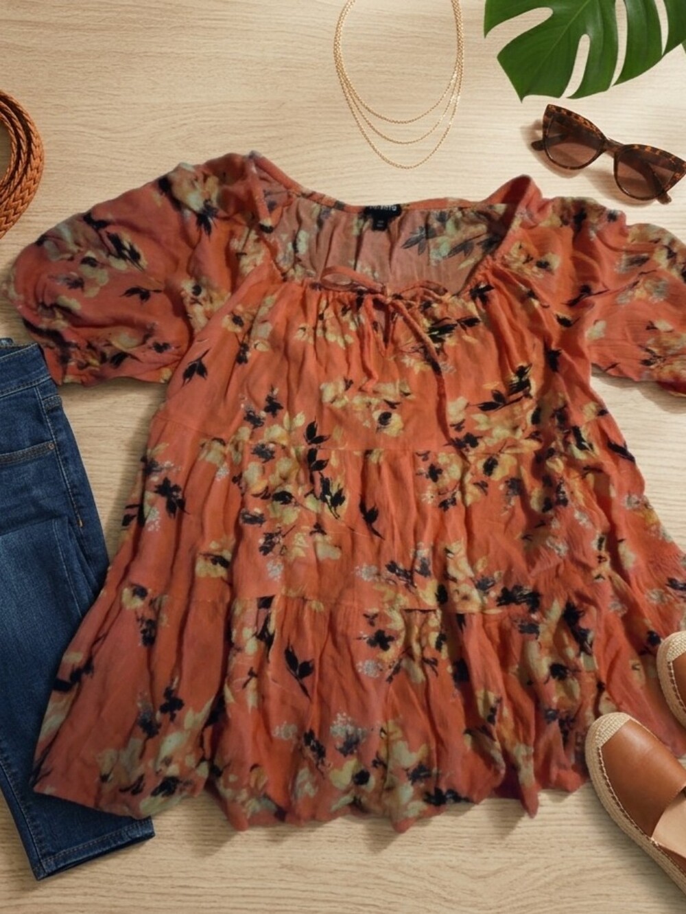 torrid Burnt Orange Floral Tiered Peasant Blouse